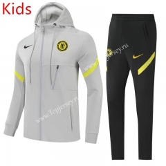 2021-2022 Chelsea Light Gray Kids/Youth Soccer Jacket Uniform With Hat-GDP
