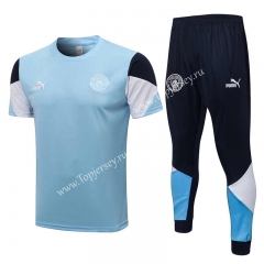 2021-2022 Manchester City Light Blue Short-Sleeved Thailand Soccer Tracksuit-815
