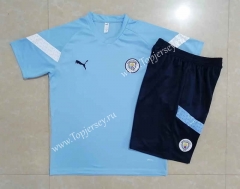 2022-2023 Manchester City Light Blue Short-sleeved Thailand Soccer Tracksuit Uniform-815
