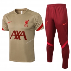 2021-2022 Liverpool Earth Yellow Short-sleeved Thailand Soccer Tracksuit-815