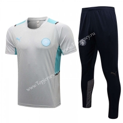 2021-2022 Manchester City Light Gray Short-Sleeved Thailand Soccer Tracksuit-815
