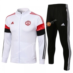 2021-2022 Manchester United High Collar White (Pant with White line) Thailand Soccer Jacket Uniform-815