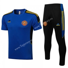 2021-2022 UEFA Champions League Manchester United Camouflage Blue Short-sleeve Thailand Soccer Tracksuit-815