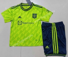 Correct Version 2022-2023 Manchester United 2nd Away Fluorescent Green Kids/Youth Soccer Uniform