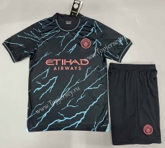 ( Without Brand Logo ) 2023-2024 Manchester City 2nd Away Blue&Black Soccer Uniform-9031