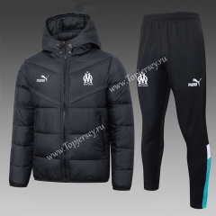 2023-2024 Olympique Marseille Black Thailand Soccer Cotton Coat Uniform With Hat-815