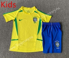 Retro Version 2002 Brazil Home Yellow Kid/Youth Soccer Uniform--7809