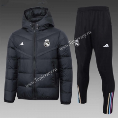 2023-2024 Real Madrid Black Thailand Soccer Cotton Coat Uniform With Hat-815